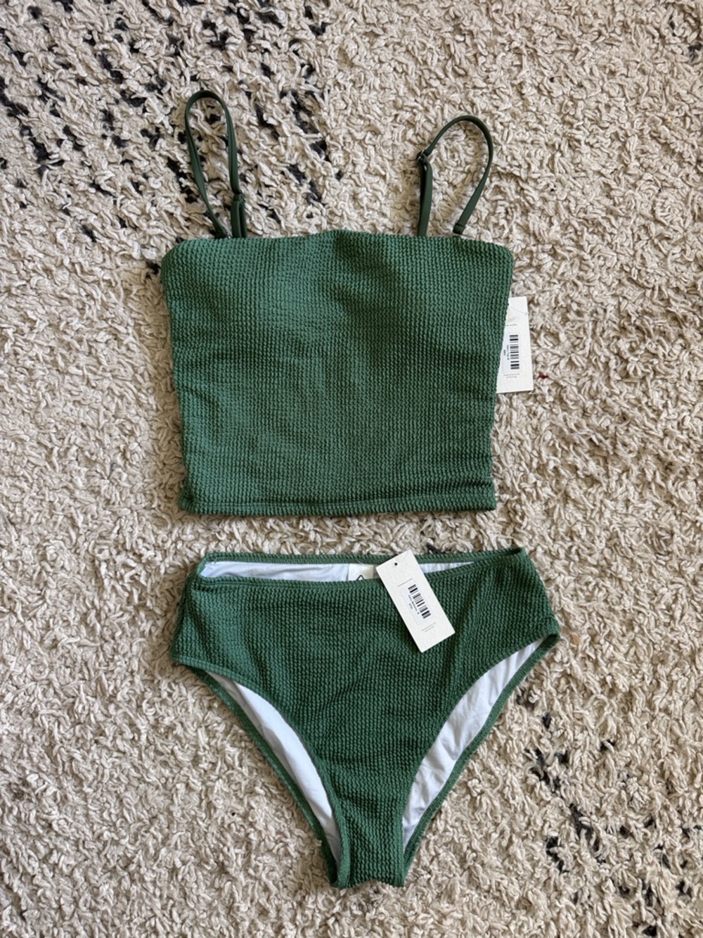 High Waist Textured Green Tankini Set M